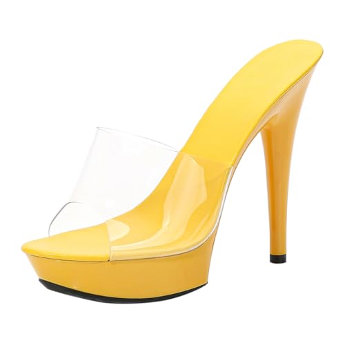 Minetom Damen Plateau High Heels Stiletto Sandaletten Hausschuhe Pantoletten Absatzschuhe Elegant Peep Toe Plattform Abend Party Hochzeit Sandalen A2 Gelb 40 EU von Minetom