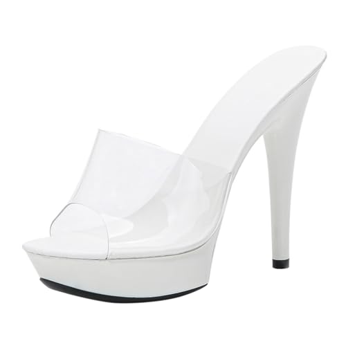 Minetom Damen Plateau High Heels Stiletto Sandaletten Hausschuhe Pantoletten Absatzschuhe Elegant Peep Toe Plattform Abend Party Hochzeit Sandalen A2 Weiß 41 EU von Minetom