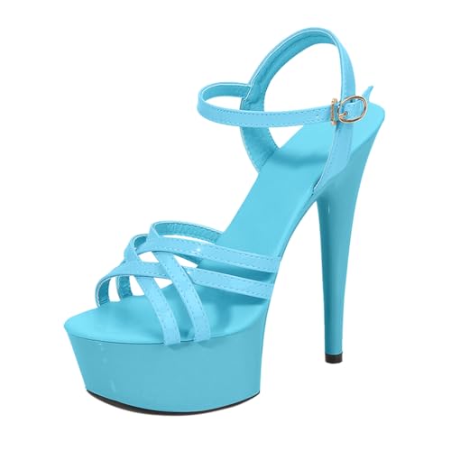 Minetom Damen Plateau Pumps High Heels Stiletto Schnallenschuhe Sandaletten Absatzschuhe Elegant Peep Toe Plattform Abend Party Hochzeit Sandalen A Blau 38 EU von Minetom