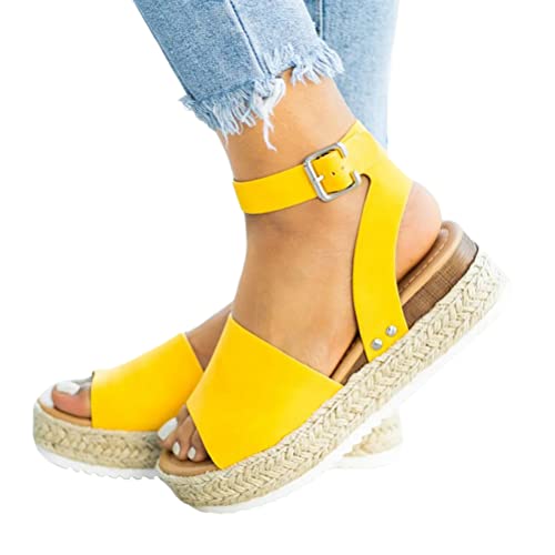 Minetom Damen Plateau Sandalen Sommer Strandsandalen Keilsandalen Frauen Sandaletten Keilabsatz Sommerschuhe Mit Knöchelriemen A Gelb 37 EU von Minetom