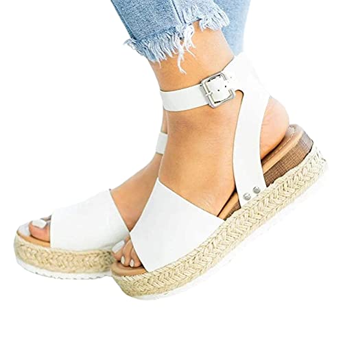 Minetom Damen Plateau Sandalen Sommer Strandsandalen Keilsandalen Frauen Sandaletten Keilabsatz Sommerschuhe Mit Knöchelriemen A Weiß 40 EU von Minetom