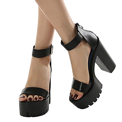 Minetom Damen Plattform Mary Jane High Heels Retro Gothic Pumps Sandalen Damenschuhe Runde Zehen Chunky Lackleder Schuhe E Schwarz 41 EU von Minetom