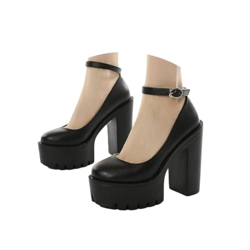Minetom Damen Plattform Mary Jane Sandalen Gothic High Heels Retro Pumps Damenschuhe Runde Zehen Chunky Lackleder Schuhe A Schwarz 38 EU von Minetom