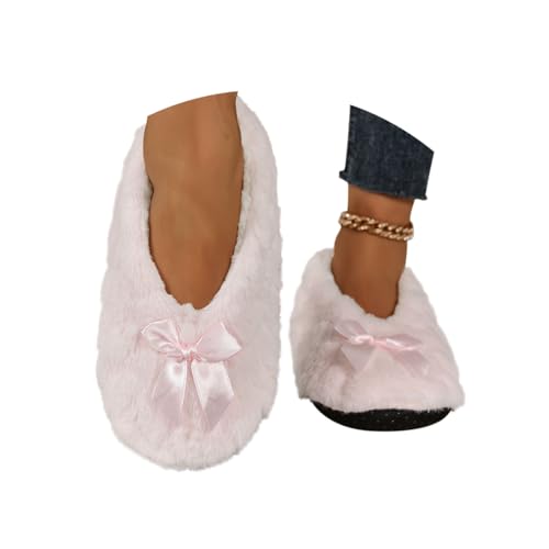Minetom Damen Plüsch Fliege Hausschuhe Antirutsch Baumwolle Pantoffeln Mit Polar Fleece-Futter Slip On Flache Hüttenschuhe Ballerinas A Rosa 43/44 EU von Minetom