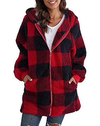 Minetom Damen Plüschjacke Kariert Gefütterte Fleece Jacke Winterjacke Plaid Mantel Reißverschluss Herbst Winter Warme Outwear Mit Kapuze Taschen Hoodie A Rot L von Minetom