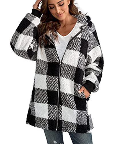 Minetom Damen Plüschjacke Kariert Gefütterte Fleece Jacke Winterjacke Plaid Mantel Reißverschluss Herbst Winter Warme Outwear Mit Kapuze Taschen Hoodie A Schwarz L von Minetom