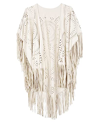 Minetom Damen Poncho Capes Vintage Offene Front Wildleder Cardigan Sommer Boho Quaste Strand Cover Up Schal Jacke Mantel Beige Einheitsgröße von Minetom