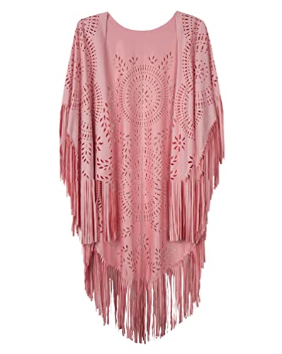 Minetom Damen Poncho Capes Vintage Offene Front Wildleder Cardigan Sommer Boho Quaste Strand Cover Up Schal Jacke Mantel Rosa Einheitsgröße von Minetom