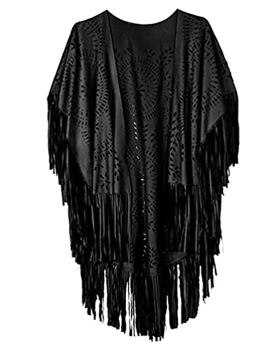 Minetom Damen Poncho Capes Vintage Offene Front Wildleder Cardigan Sommer Boho Quaste Strand Cover Up Schal Jacke Mantel Schwarz Einheitsgröße von Minetom