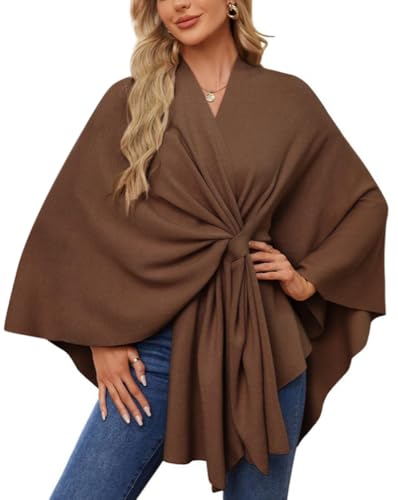 Minetom Damen Poncho Schal Cardigan Frauen Elegant Weich Leicht Einfarbig Wickelschal V-Ausschnitt Frühling Herbst Umhang Cape A Braun Einheitsgröße von Minetom
