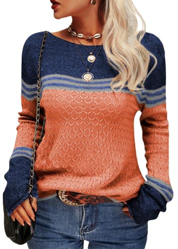 Minetom Damen Pullover Colorblock Langarm Elegant Herbst Strickpullover Rundhals Pulli Sweatshirt Winterpullover A Orange M von Minetom