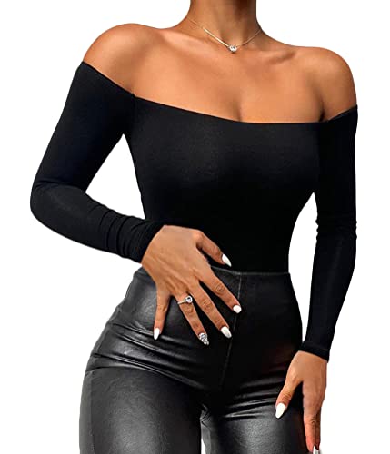 Minetom Damen Pullover Gerippt Slim Fit Dünn Pulli Sexy Schulterfrei Langarmshirt Basic Oberteile Spitze Tunika Tops A Schwarz 01 L von Minetom