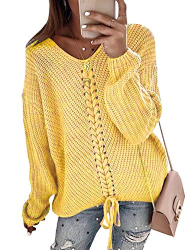 Minetom Damen Pullover Herbst Winter Casual V-Ausschnitt Langarm Strick Gestrickt Top Pullover Einfarbig Lose Sweater Chic Oberteile Gelb 36 von Minetom