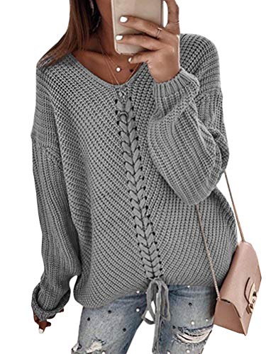 Minetom Damen Pullover Herbst Winter Casual V-Ausschnitt Langarm Strick Gestrickt Top Pullover Einfarbig Lose Sweater Chic Oberteile Grau 46 von Minetom