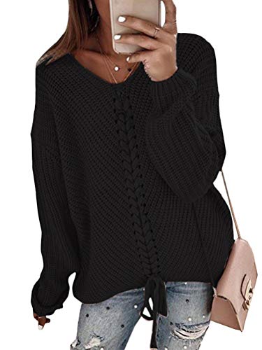 Minetom Damen Pullover Herbst Winter Casual V-Ausschnitt Langarm Strick Gestrickt Top Pullover Einfarbig Lose Sweater Chic Oberteile Schwarz 46 von Minetom