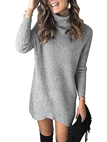 Minetom Damen Pullover Kleid Casual Hoher Kragen Elastisch Langarm Winterkleid Einfarbig Rollkragen Jumper Minikleid Kurze Kleider Modische Elegante Warme Strickkleid Wickelkleid A Grau 40 von Minetom