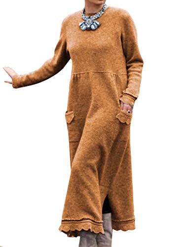 Minetom Damen Pullover Kleid Casual Rundhals Elastisch Langarm Winterkleid Einfarbig Jumper Maxikleid Kleider Modische Elegante Warme Strickkleid Wickelkleid Gelb 50 von Minetom