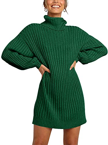 Minetom Damen Pullover Kleid Rollkragen Minikleid Winterkleid Strickkleid Warm Langarm Oversize Stricksweat Strickpullover Lose Sweatkleid Einfarbig Grün 38 von Minetom