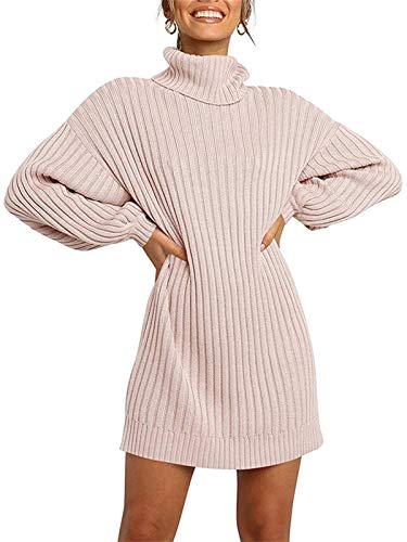 Minetom Damen Pullover Kleid Rollkragen Minikleid Winterkleid Strickkleid Warm Langarm Oversize Stricksweat Strickpullover Lose Sweatkleid Einfarbig Rosa 40 von Minetom
