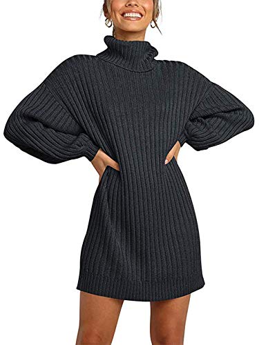 Minetom Damen Pullover Kleid Rollkragen Minikleid Winterkleid Strickkleid Warm Langarm Oversize Stricksweat Strickpullover Lose Sweatkleid Einfarbig Schwarz 36 von Minetom