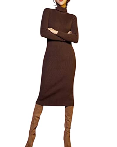 Minetom Damen Pullover Lang Kleid Rollkragen Midikleid Winterkleid Strickkleid Elegant Langarm Strickpullover Pulloverkleid Wickelkleid Herbst Winter Pullikleid A Braun M von Minetom