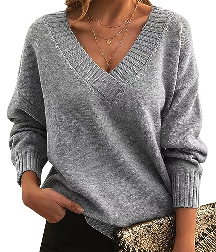 Minetom Damen Pullover Langarm Frühling Strickpullover V-Ausschnitt Jumper Sweatshirt Langarmshirts Pulli Stricken Tops A Grau L von Minetom