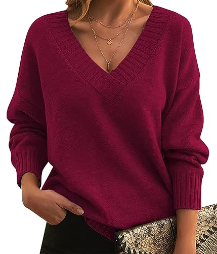 Minetom Damen Pullover Langarm Frühling Strickpullover V-Ausschnitt Jumper Sweatshirt Langarmshirts Pulli Stricken Tops A Rot XL von Minetom