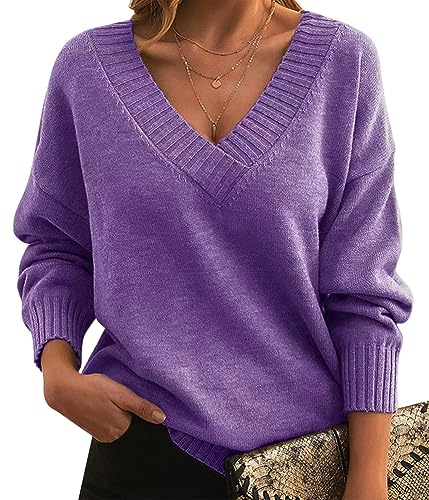 Minetom Damen Pullover Langarm Frühling Strickpullover V-Ausschnitt Jumper Sweatshirt Langarmshirts Pulli Stricken Tops A Violett L von Minetom