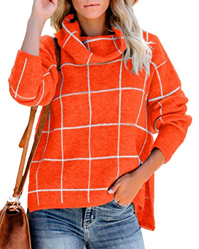 Minetom Damen Pullover Langarm Rollkragenpullover Oberteile Kariert Strickpullover warm Outwear Top Winter Sweatshirt Orange 38 von Minetom