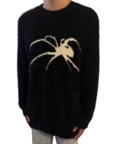 Minetom Damen Pullover Langarm Rundhals Lose Pulli Vintage Strickpullover Herbst Winter Strickpulli Oberteile Tops F Schwarz M von Minetom