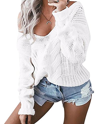 Minetom Damen Pullover Langarm Sweatshirt Herbst Winter Pulli Tiefer V-Ausschnitt One Shoulder Einfarbig Loose Fit Weiß DE 38 von Minetom