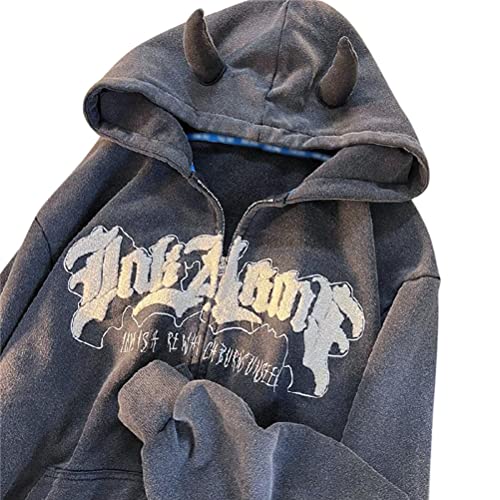 Minetom Damen Pullover Teenager Mädchen Kawaii Hoodie Herbst Halloween Kapuzenpullover Reißverschluss Pulli Sweatshirt Kapuze Y2K Gothic Outerwear Oberteile A Grau L von Minetom