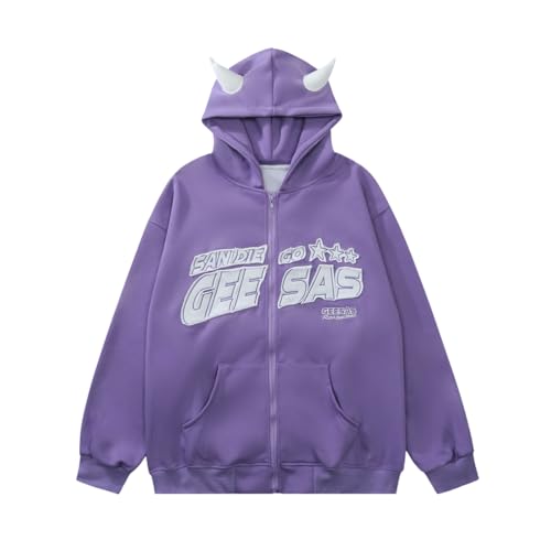 Minetom Damen Pullover Teenager Mädchen Kawaii Hoodie Herbst Halloween Kapuzenpullover Reißverschluss Pulli Sweatshirt Kapuze Y2K Gothic Outerwear Oberteile E Violett M von Minetom