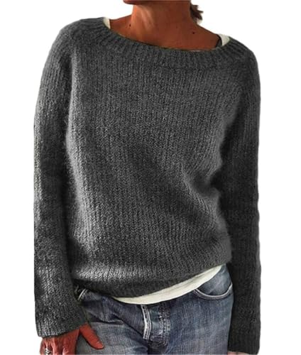 Minetom Damen Pullover Winter Basic Oversize Pullover Casual Langarm Rundhals Strickpullover Tops Langarmshirt Gestrickt Oberteile Grau L von Minetom