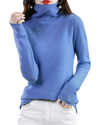 Minetom Damen Pullover Wolle Rollkragenpullover Strickpullover Elegant Herbst Winter Pulli Langarm Oberteile Tops Blau XL von Minetom