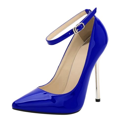 Minetom Damen Pumps High Heels Spitz Stiletto Lackleder Riemchen Schuhe Abendschuhe Absatzschuhe Elegant Hochzeit Hoher Absatz Party Schuhe A Blau 43 EU von Minetom