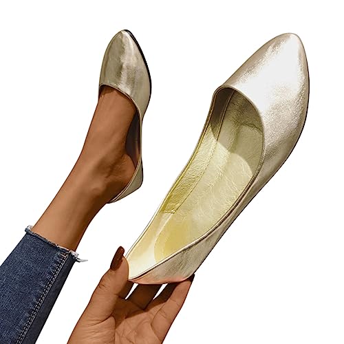 Minetom Damen Pumps Pointed Toe Kunstleder rutschfest Business Büro Flache Schuhe Ballerinas Elegant Bequem Hochzeit Abend Party Braut Schuhe A2 Gold 37 EU von Minetom