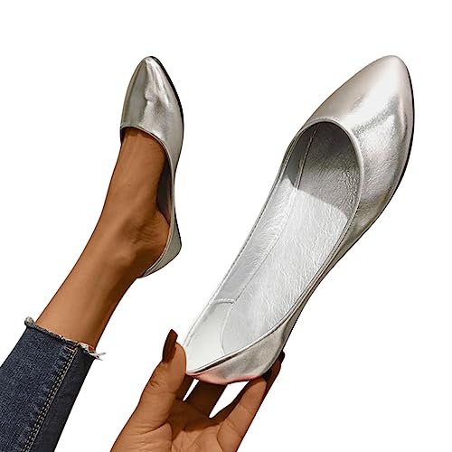 Minetom Damen Pumps Pointed Toe Kunstleder rutschfest Business Büro Flache Schuhe Ballerinas Elegant Bequem Hochzeit Abend Party Braut Schuhe A2 Silver 41 EU von Minetom