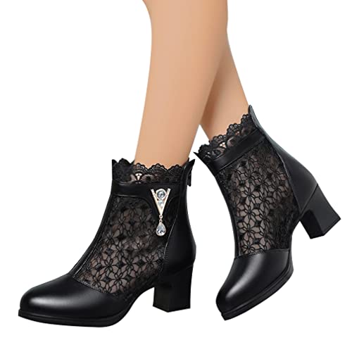 Minetom Damen Pumps Schuhe Elegant Spitze Blumen Blockabsatz rutschfest Mesh Strass Abend Party Braut Schuhe Stiefel D Schwarz 37 EU von Minetom