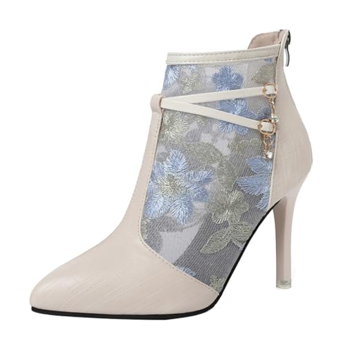 Minetom Damen Pumps Schuhe Elegant Spitze Blumen Sommer Stiefel Stiletto Atmungsaktiv Stiefeletten High Heels Mesh Abend Party Braut Schuhe D Blau 38 EU von Minetom
