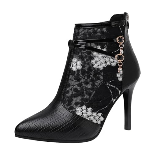 Minetom Damen Pumps Schuhe Elegant Spitze Blumen Sommer Stiefel Stiletto Atmungsaktiv Stiefeletten High Heels Mesh Abend Party Braut Schuhe D Schwarz 35 EU von Minetom