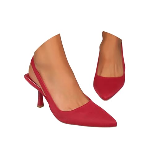 Minetom Damen Pumps Wildleder Sandale Spitze Geschlossener High Heels Perfekt Für Hochzeiten Und Partys Slingback Sandaletten A Rot 38 EU von Minetom