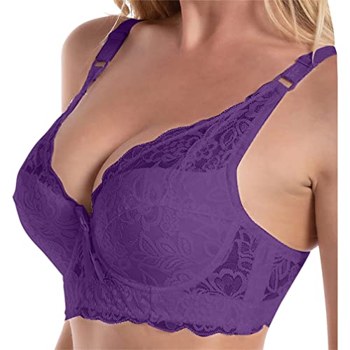 Minetom Damen Push Up BH mit Blumen Spitze Schalen Bügel BH Gepolstert Unterwäsch Bustier Dessous Top Violett 85C von Minetom