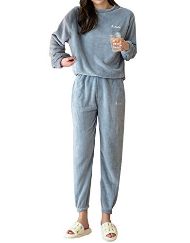 Minetom Damen Pyjama Fleece Set Lang Nachtwäsche Winter Warm Hausanzug Zweiteiliger Schlafanzug Langarm Shirt und Pyjamahose A Blau 38 von Minetom