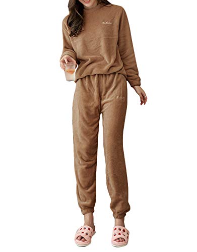 Minetom Damen Pyjama Fleece Set Lang Nachtwäsche Winter Warm Hausanzug Zweiteiliger Schlafanzug Langarm Shirt und Pyjamahose A Braun 42 von Minetom