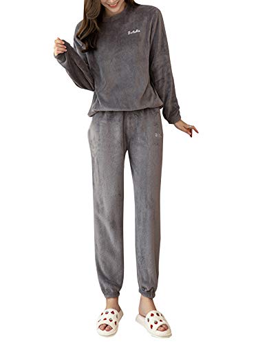 Minetom Damen Pyjama Fleece Set Lang Nachtwäsche Winter Warm Hausanzug Zweiteiliger Schlafanzug Langarm Shirt und Pyjamahose A Grau 34 von Minetom