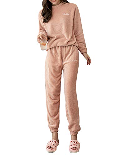 Minetom Damen Pyjama Fleece Set Lang Nachtwäsche Winter Warm Hausanzug Zweiteiliger Schlafanzug Langarm Shirt und Pyjamahose A Rosa 36 von Minetom