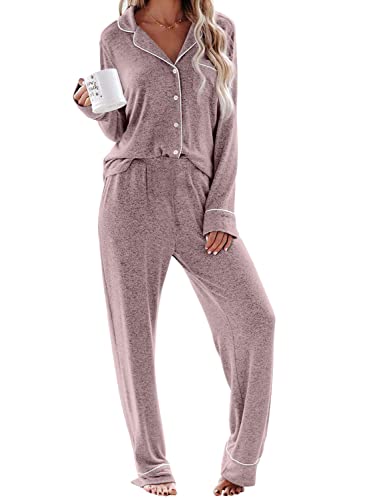 Minetom Damen Pyjama Set Einfarbig Schlafanzug Langarm Bluse Top mit Lang Hose Nachtwäsche Zweiteilig mit Knopf und Kordelzug Nachthemd Zweiteilige Sleepwear Nightwear A Rosa XL von Minetom