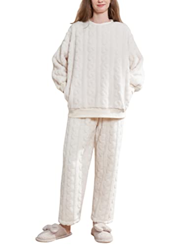 Minetom Damen Pyjama Set Herbst Winter Schlafanzug Set Flanell Zweiteiliger Langarm Nachtwäsche Warm Fleece Hausanzug Loungewear Freizeitanzug Plüsch Oberteile und Hosen A Weiß XS von Minetom