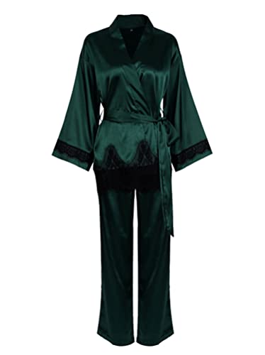Minetom Damen Pyjama Set Langarm Nachtwäsche Satin Spitze Zweiteiliger Nachthemd Kimono Schlafanzug mit Gürtel Oberteile und Hose B Grün M von Minetom